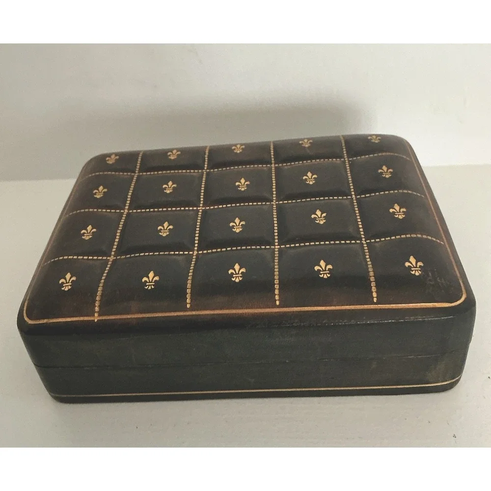 Vtg Italian Leather Jewelry Trinket Box Fleur de lis 5.5